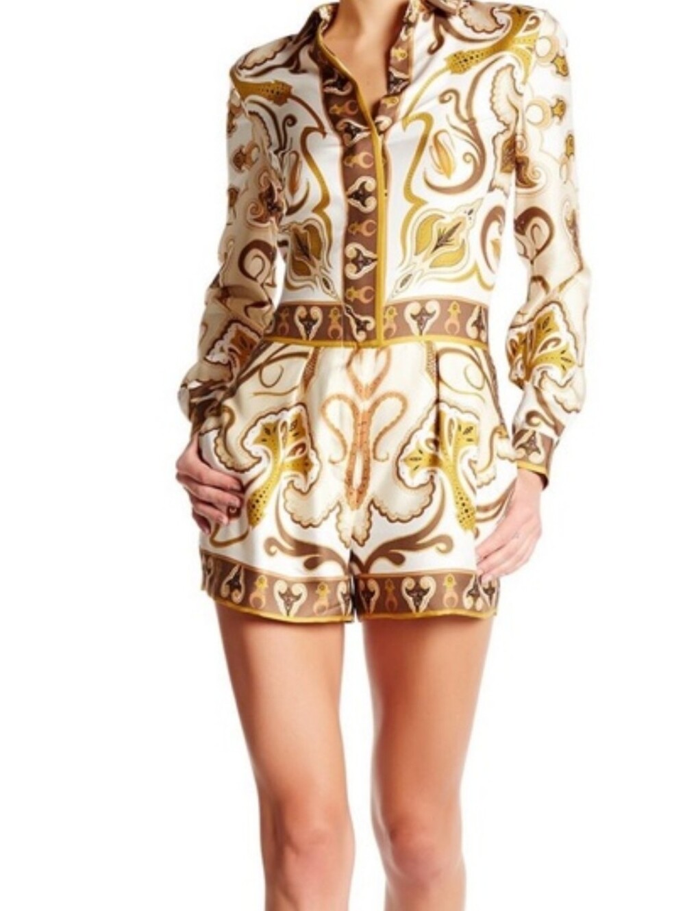Rachel Zoe Christianne Silk White & Gold Baroque Print Long-Sleeve Romper Size 4